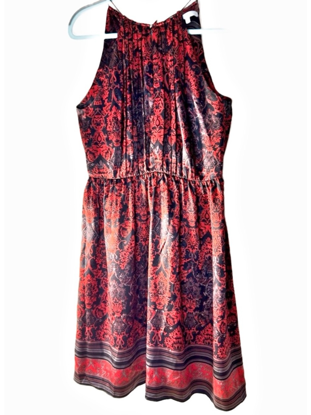 ANTONIO MELANI Silk Red Black Damask Halter Midi Dress SZ 8